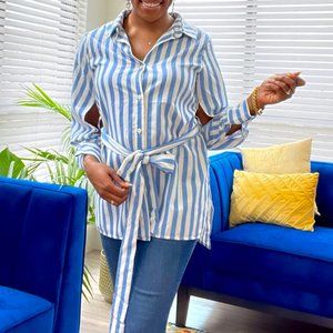 NEW Blue/White Stripe Button Up with Removable Belt